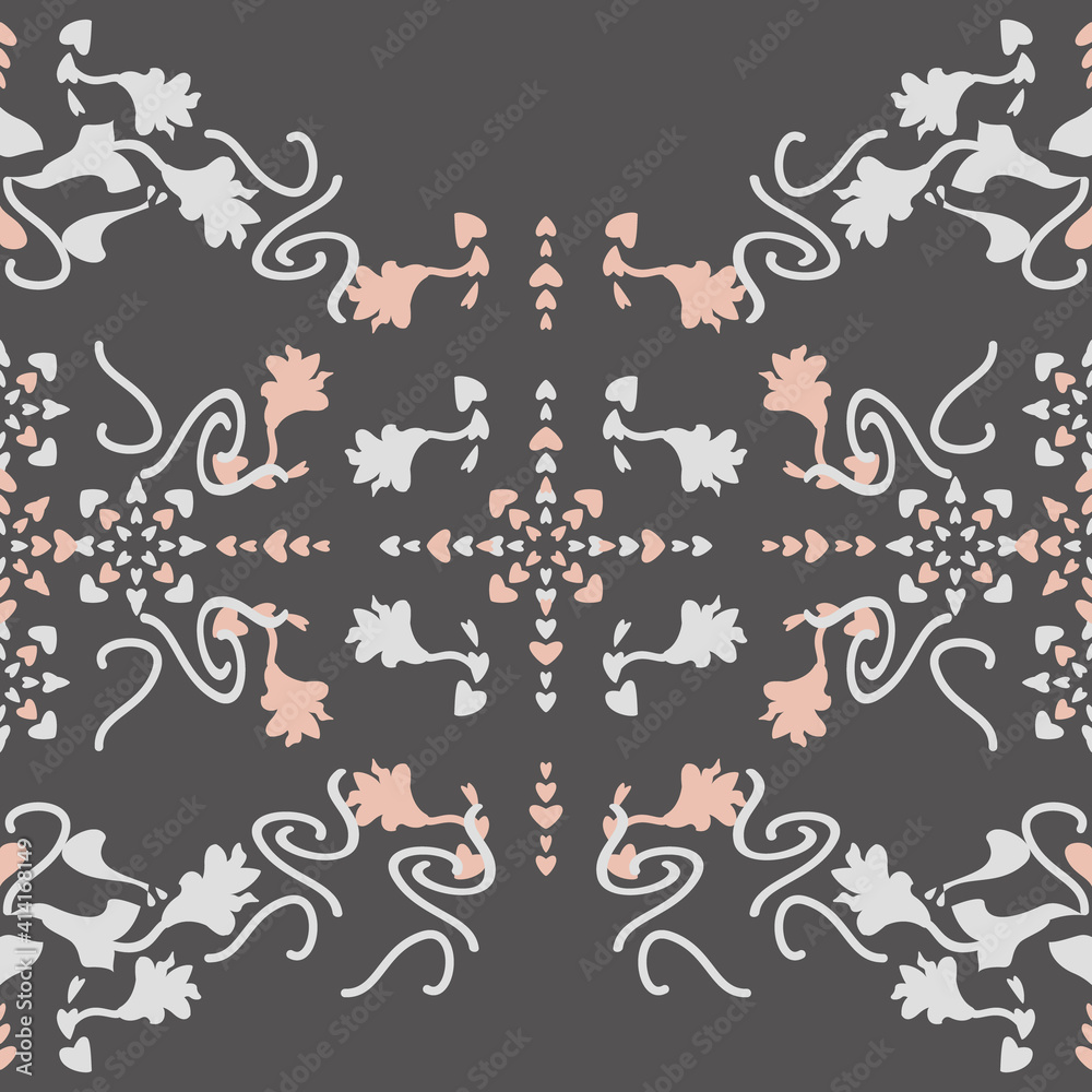 Seamless pattern floral with lily flowers and hearts. Gray and pastel orange. Vector. Seamless pattern floral with lily flowers and hearts. Gray and pastel orange. Vector.