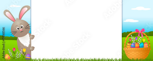 festive easter banner with easter bunny, basket, eggs, flowers, pussy willow and place for text.