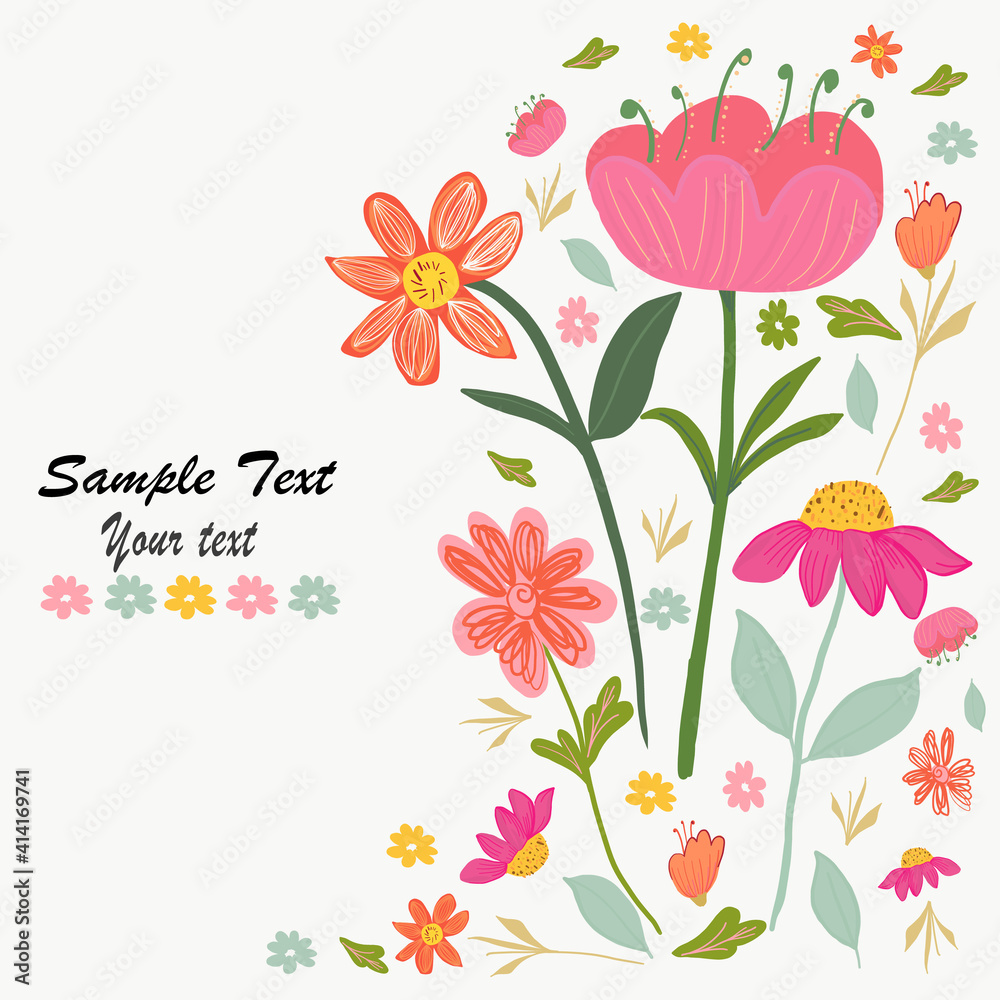 Spring time beautiful pink and orange flowers illustration blossom background. Spring summer time greeting card background