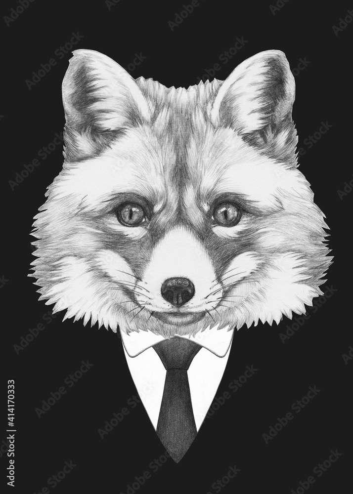 Fototapeta premium Portrait of Fox in suit. Bodyguard. Hand-drawn illustration. 