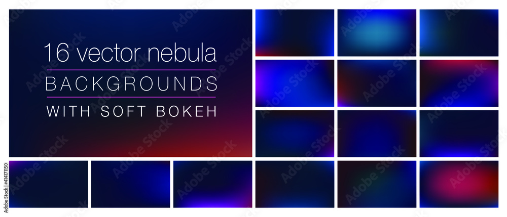 16 space nebula cosmos backgrounds with soft bokeh and smooth blurry colors. Ideal background templates for using as backdrop in social media, ads, emails, banners, web pages with pro look&feel.