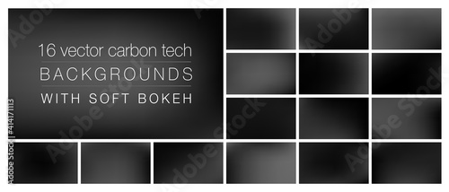 16 black carbon tech backgrounds with soft bokeh and smooth blurry colors. Ideal background templates for using as backdrop in social media, ads, emails, banners, web pages with pro look&feel.