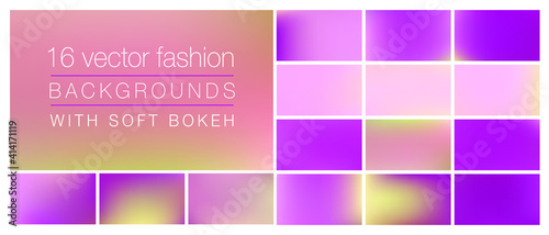 16 fashion and beauty backgrounds with soft bokeh and smooth blurry colors. Ideal background templates for using as backdrop in social media, ads, emails, banners, web pages with pro look&feel.