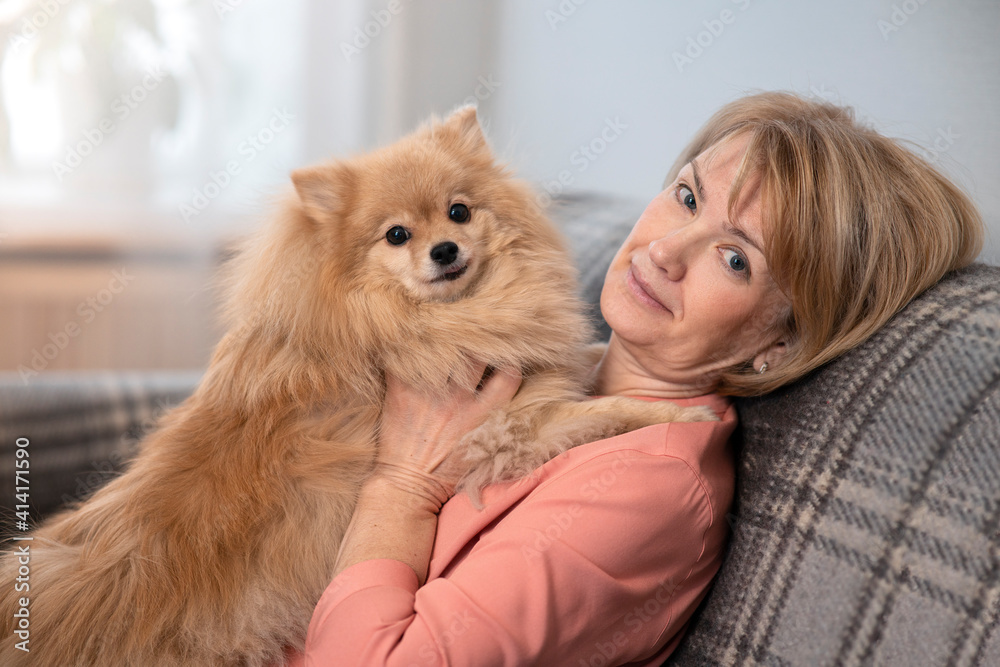 Happy beautiful positive lady, elderly senior woman sitting at couch in living room at home with her pet, hugging cute Pomeranian Spitz dog, small puppy and smiling. People care, love animals Happy beautiful positive lady, elderly senior woman sitting at couch in living room at home with her pet, hugging cute Pomeranian Spitz dog, small puppy and smiling. People care, love animals