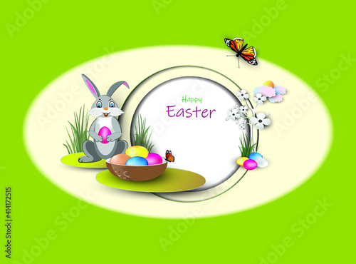A cute cartoon rabbit holds  in its paws an Easter egg next to a bowl with many colored eggs. Easter vector illustration with imitation of paper cut background and other elements. 
