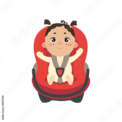 Baby girl in car chair. Cute little fastened girl sitting in automobile seat. Front view of carseat. Vector flat style illustration on white background. 