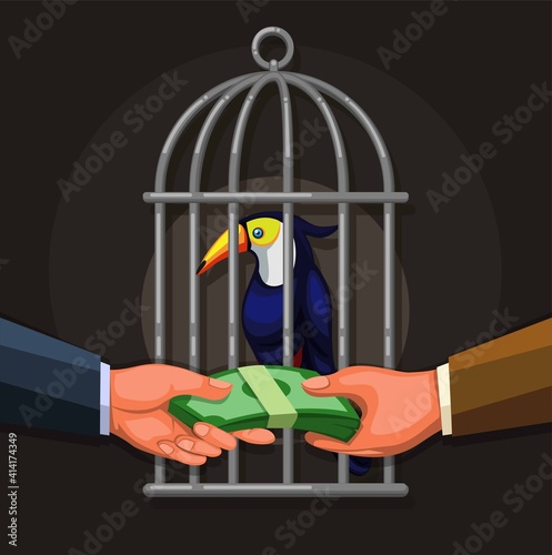 People selling toucan exotic bird. wildlife trade illegal business illustration concept in cartoon vector