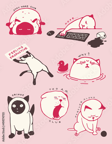 A set of lazy - non productive cats concept pins/stickers design collection, cute, fun and yawn - cranky vibe, simple 2 tone mono color, flat hand drawn style