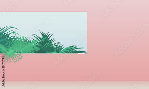 Tropical fan palm bush behind square hole of pastel pink wall, minimalistic tropical vibe illustration, simple summer vibe background template design, nice contrast tint green and pink color scheme