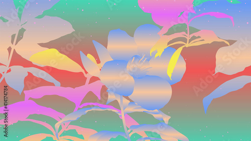Tropical plants and flower outline shapes in retro - vintage colorful gradient theme, classic techno 80s VHS digital age vibe inspiration