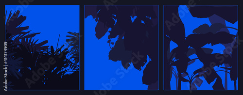 Aesthetic dark night tropical palm and banana trees, flat design shadow silhouette on neon blue - violet sky blank template collection set