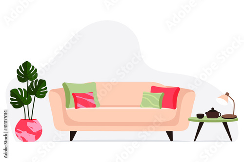 Stylish apartment interiors in Scandinavian style with modern decor. Cozy furnished living room. Cartoon flat vector illustration. Bright, stylish and comfortable furniture with indoor plants. 