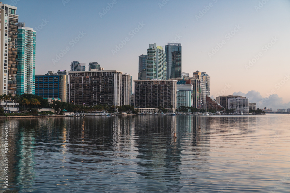 Fototapeta premium miami city brickell panorama buildings water sea sky reflections beautiful place life apartments rentals florida 