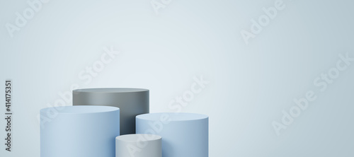 4 Empty gray and blue cylinder podium floating on white copy space background. Abstract minimal studio 3d geometric shape object. Pedestal mockup space for display of product design. 3d rendering.