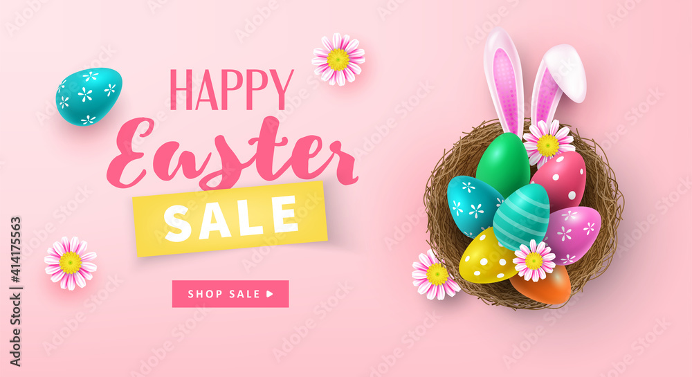 Easter holiday sale banner design with Easter eggs in bird nest. Greeting card or poster template design