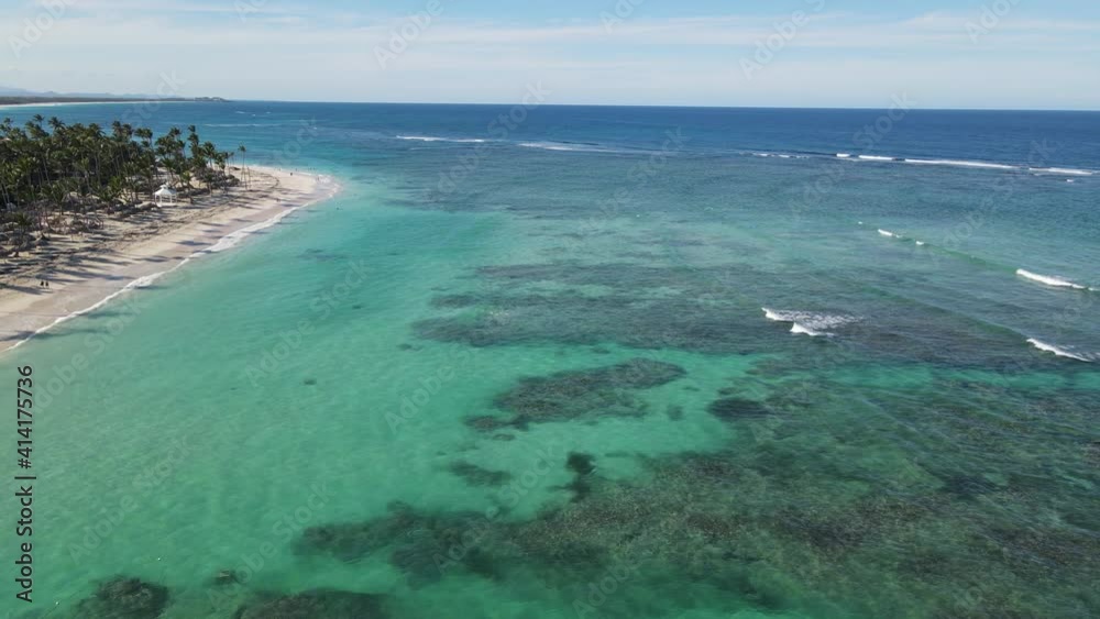 Overhead aerial view of beautiful white sandy beach. Caribbean, Punta Cana, Dominican Republic