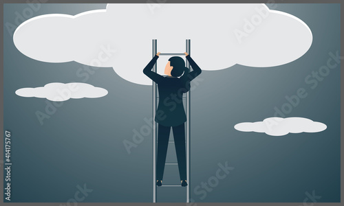 
vector illustration of business woman in ambition and motivation concept, business woman climbing the stairs to the clouds