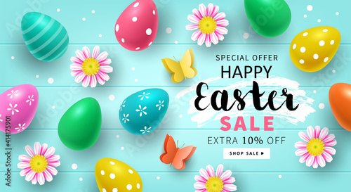 Easter holiday sale banner design with Easter eggs and daisy flowers. Greeting card or poster template design