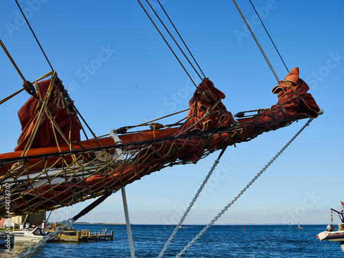Bowsprit and gathered sail of a large sailing ship
