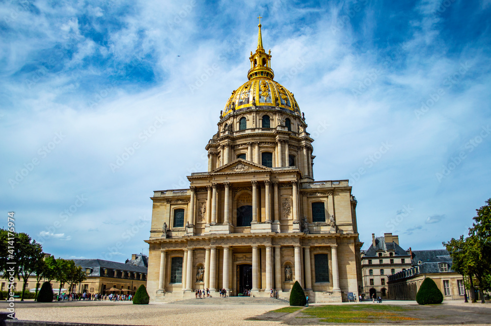 Paris, France - July 21, 2019: Golden dome of Les Invalides (National hotel of invalids) mausoleum that houses the tomb of Napoleon Bonaparte in Paris, France
