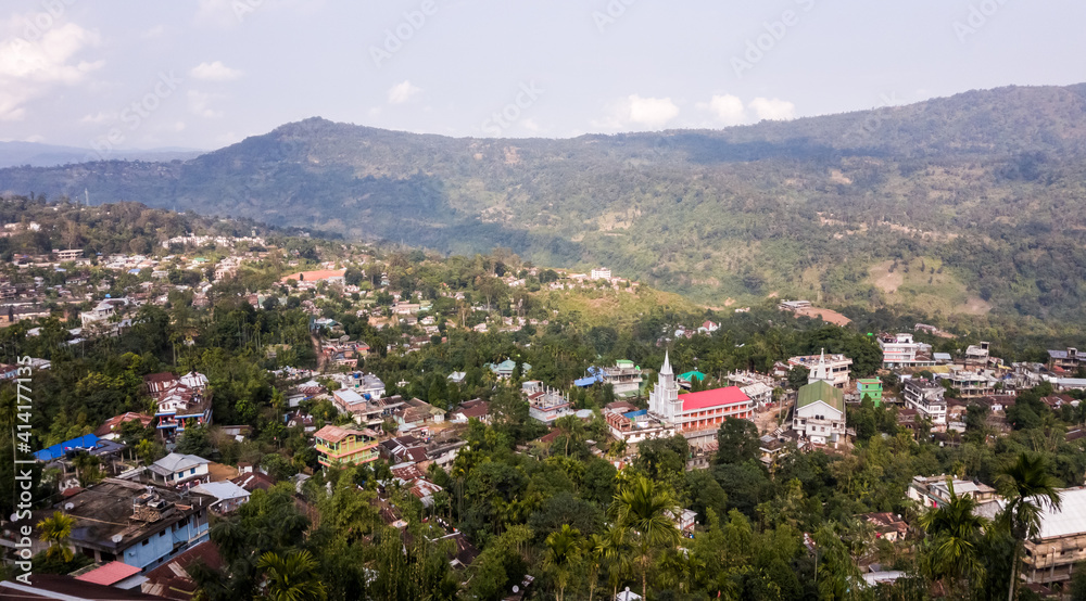 An aerial view of the town of Haflong set in the hills of the North Cachar Hills of Assam in North East India.