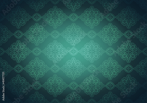 Oriental vintage background with Indo-Persian ornaments. Royal, luxurious, horizontal textured wallpaper in green, with darkening at the edges, vignette. Vector illustration