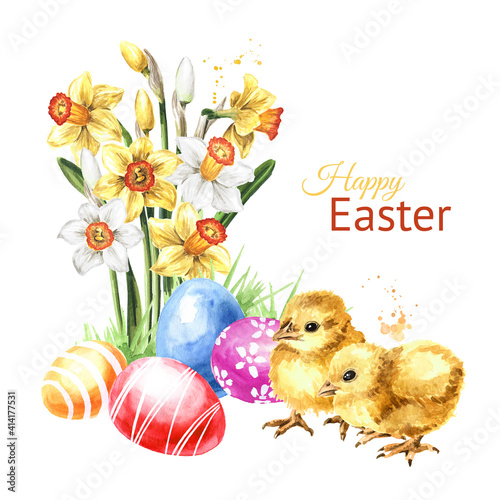 Colored Easter eggs in the green grass, spring flowers and yellow chicks. Hand drawn watercolor illustration isolated on white background