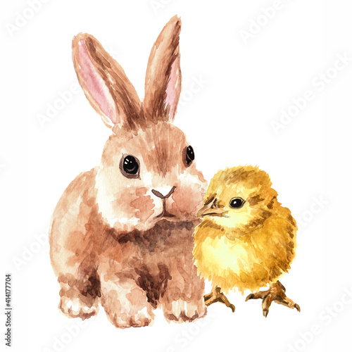 Cute rabbit and little chicken Fototapeta