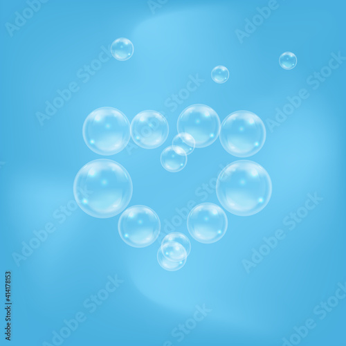 Vector background with realistic bubbles of water making heart sign.