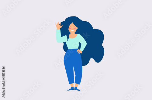 Flat modern young girl waving her hand and looks happy. Smiley female in casual clothes doing a greeting gesture. Woman saying hello or goodbye concept. Vector illustration