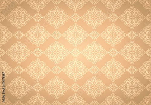 Oriental vintage background with Indo-Persian ornaments. Royal, luxurious, horizontal textured wallpaper in gold color, with darkening at the edges, vignette. Vector illustration