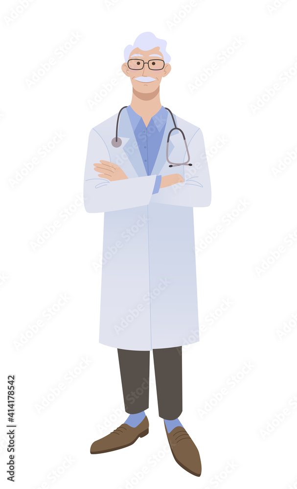 Elderly male physician standing with crossed hands. Doctor in white coat wearing a stethoscope. Isolated on white vector illustration. Elderly male physician standing with crossed hands. Doctor in white coat wearing a stethoscope. Isolated on white vector illustration.
