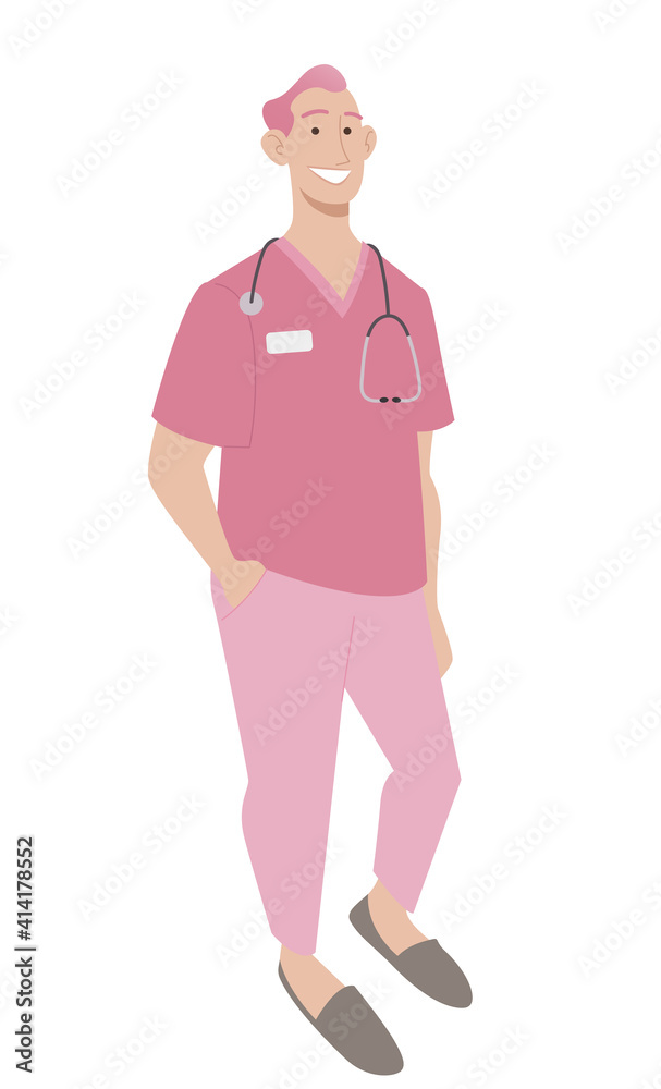 Friendly young male physician in medical uniform wearing a stethoscope. Isolated on white vector illustration. Friendly young male physician in medical uniform wearing a stethoscope. Isolated on white vector illustration.