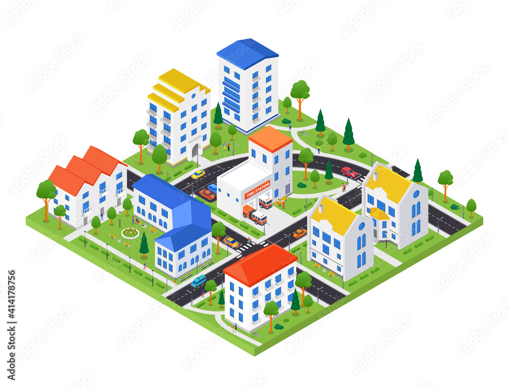 City district - modern vector colorful isometric illustration