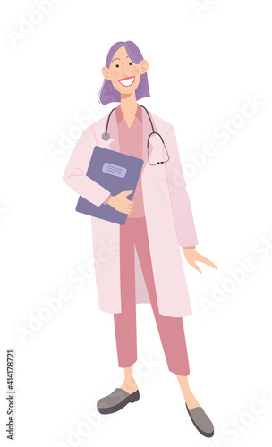 Smiling female physician holding documents. Doctor in a white coat wearing a stethoscope. Isolated on white vector illustration.