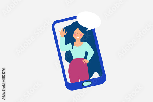 Flat young girl waving her hand inside a mobile and looks happy. conversation between friends online. Woman talking at the camera. Female saying hello or goodbye or friendship concept. Vector style.