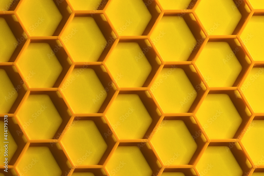 Hexagonal cells made of plastic grid placed on yellow background. Honeycomb concept Hexagonal cells made of plastic grid placed on yellow background. Honeycomb concept