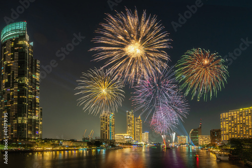 Bangkok, Thailand - 31 December 2020: Wonderful fireworks display at Iconsiam. New year’s celebration in Bangkok.