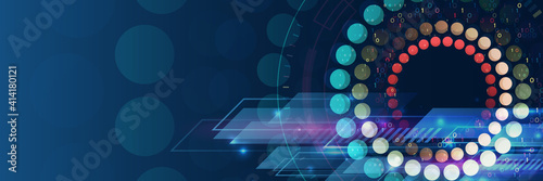 Wide Cyber security internet and networking concept. Abstract global sci fi concept. Digital internet communication on blue background. Hi-tech vector illustration with various technology elements.