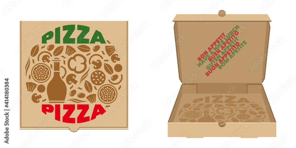 Boite pour la livraison de pizza, fermée, vue de dessus et ouverte, vue de l’intérieur, décorée d’une illustration composée de typographies et d’aliments utilisés pour la réalisation de la pizza.