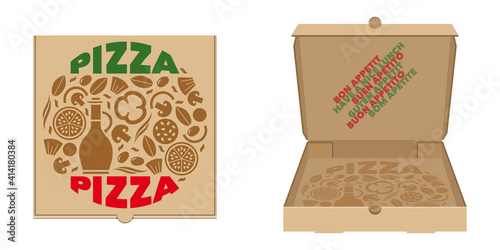 Boite pour la livraison de pizza, fermée, vue de dessus et ouverte, vue de l’intérieur, décorée d’une illustration composée de typographies et d’aliments utilisés pour la réalisation de la pizza.