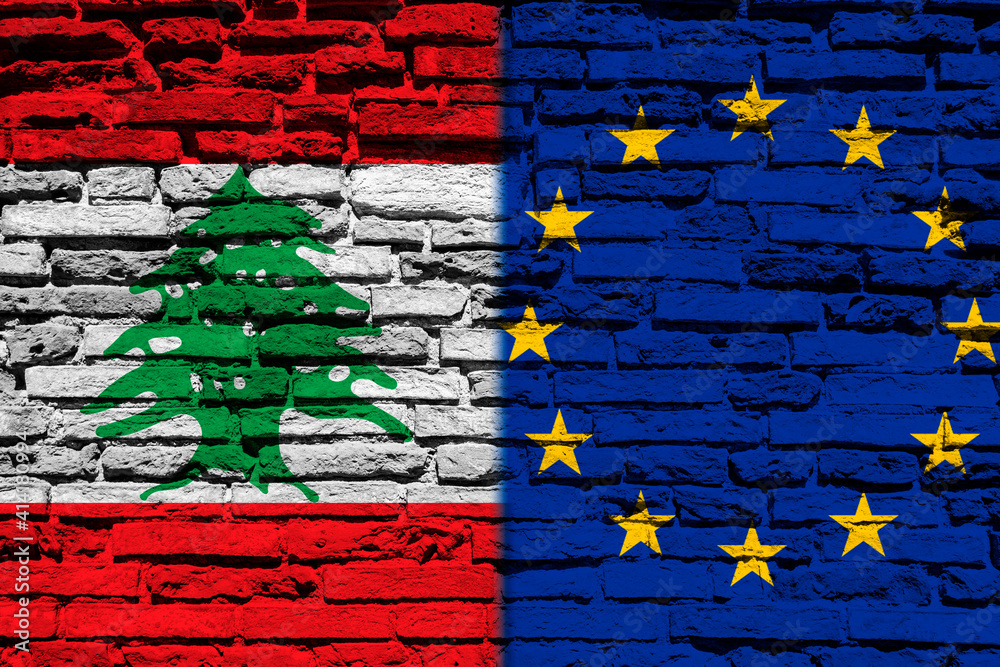 Flag of Lebanon and Europe on brick wall Flag of Lebanon and Europe on brick wall