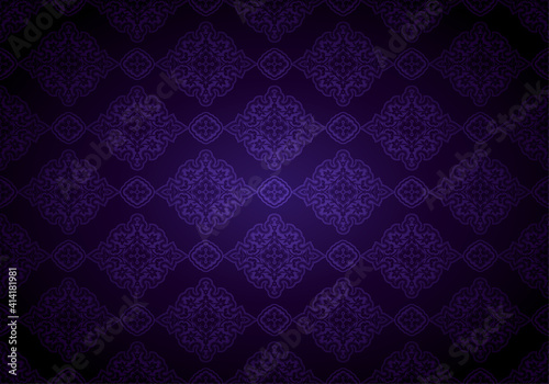 Oriental vintage background with Indo-Persian ornaments. Royal, luxurious, horizontal textured wallpaper in dark purple, with darkening at the edges, vignette. Vector illustration