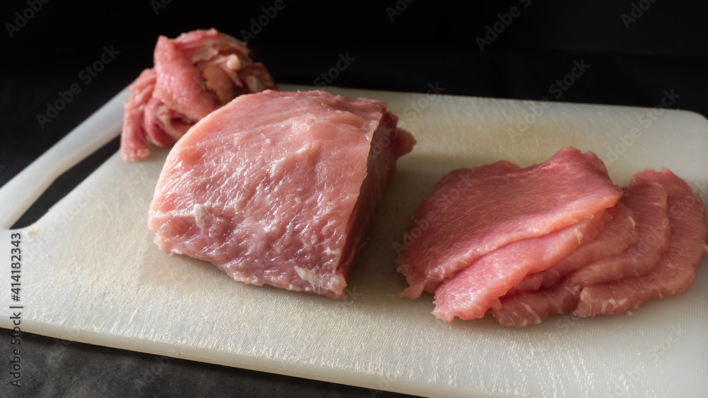 Large pieces of raw raw pork black background