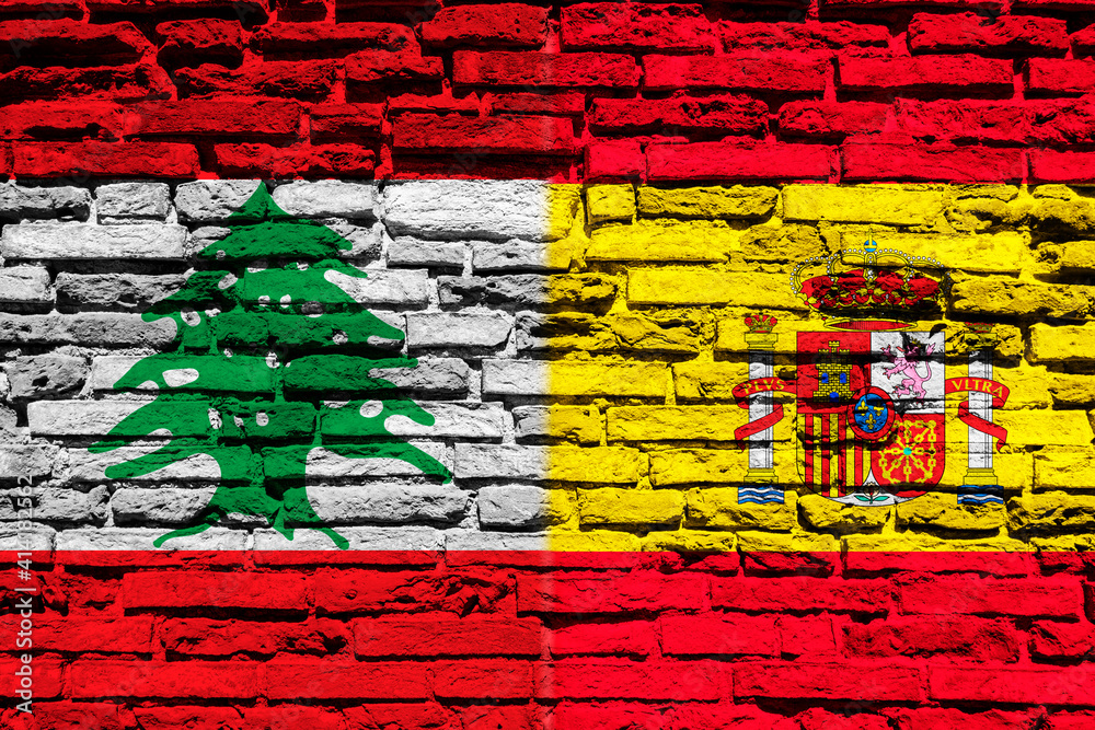 Flag of Lebanon and Spain on brick wall Flag of Lebanon and Spain on brick wall