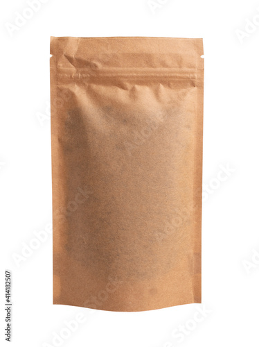Paper bag with seeds. Isolated on white background.