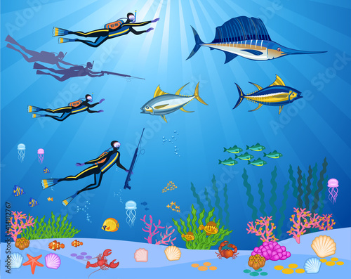 scuba divers and coral reef with fishes on a blue sea