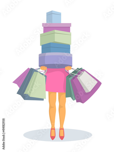 Young woman with shopping bags and boxes.