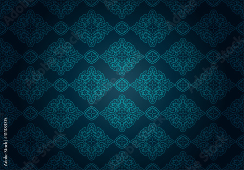 Oriental vintage background with Indo-Persian ornaments. Royal, luxurious, horizontal textured wallpaper of blue-green, cyan color, with darkening at the edges, vignette. Vector illustration