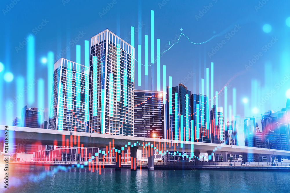 Fototapeta premium Skyscrapers of Dubai business downtown. International hub of trading and financial services of Western Asia. FOREX graph and chart concept. Double exposure. Dubai Canal waterfront.